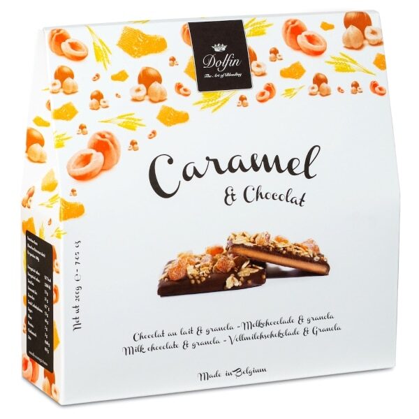 Caramel et chocolats au lait granola-dolfin